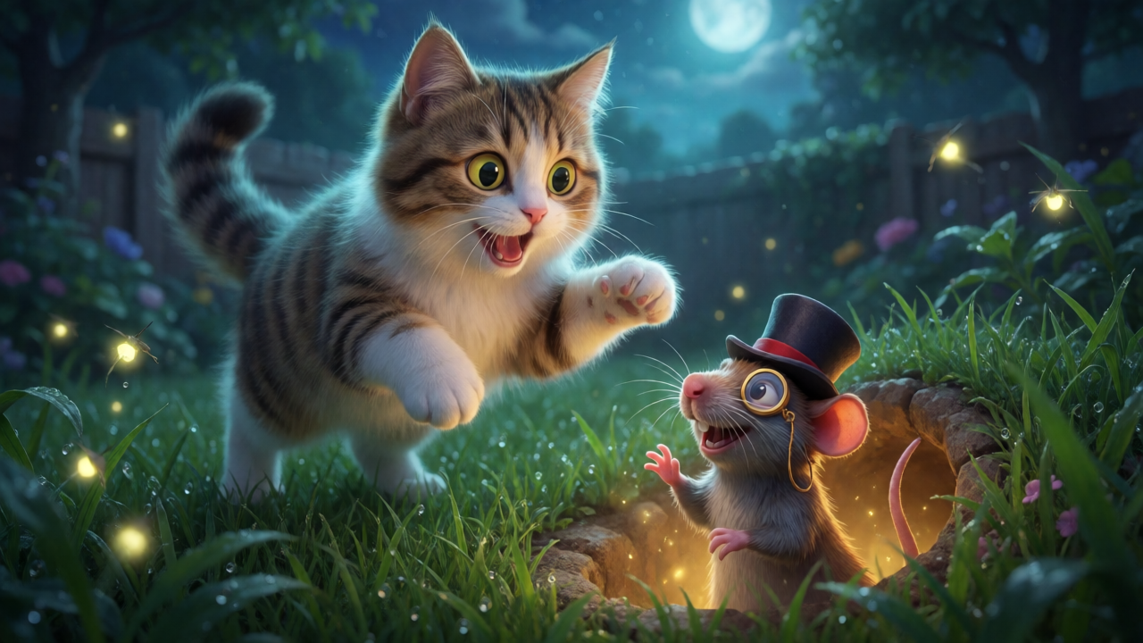 A cheeky monocled rat in a top hat popping from a glowing burrow as a fluffy cat pounces with paw raised in a moonlit garden