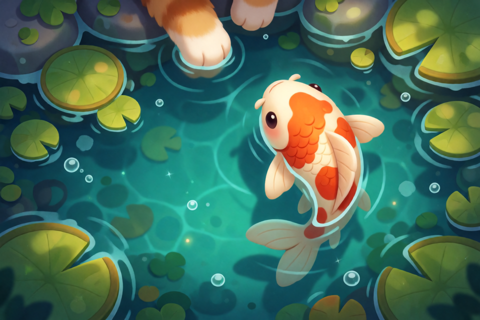 A curious cat reaching into a sparkling koi pond