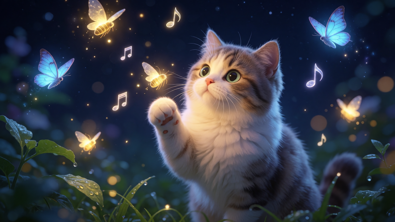 A fluffy cat reaching a paw toward glowing fireflies and blue moths with floating music notes in a starry night garden