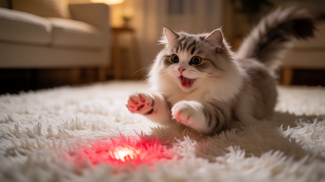 A fluffy cat pouncing on a glowing red laser dot across a plush white carpet