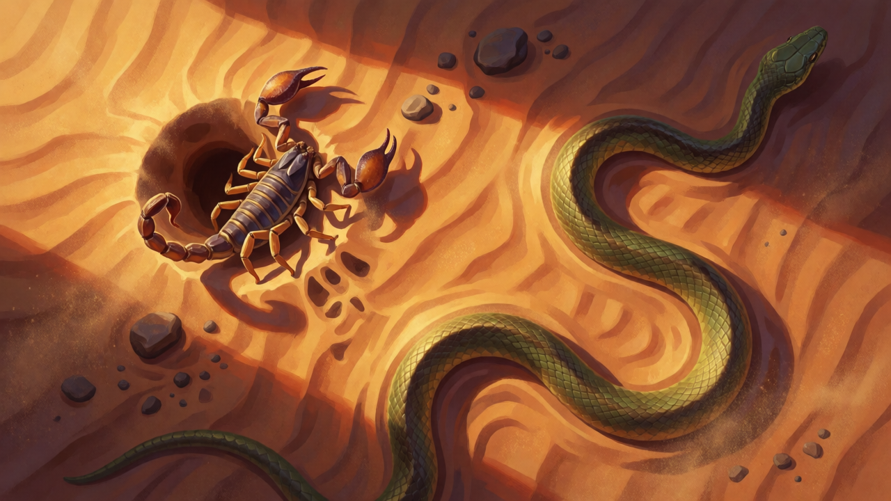 A fierce scorpion beside a sand burrow with a snake slithering across golden desert sand